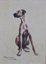 RONALD WONG painting on silk of a Great Dane, signed and framed 21 x 29cm