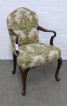 Georgian style mahogany elbow chair with crook shaped open arms, upholstered back and seat, on