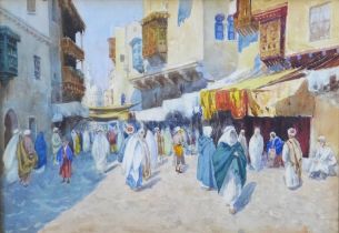 20th Century School, untitled watercolour of a North African market, signed indistinctly, framed