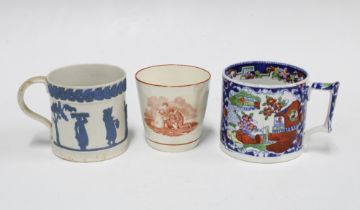 19th century Wedgwood transfer printed beaker , an early Jasper mug and a Staffordshire blue and