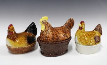 Three Staffordshire pottery hen on nests (3) 28 x 25cm.