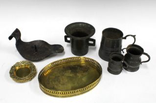 Pewter measures, bronze mortar, brass tray and aniron cruse style lamp, etc (10)