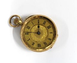 Lady's 18ct gold open faced fob watch, roman numerals and blue steel hands, (glass missing)