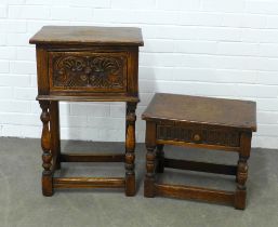 Two Jacobean style oak carved side tables, taller 46 x 72 x 35cm (2)