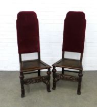 Pair of William & Mary style hall chairs with high upholstered backs, and solid seat, 48 x 123 x