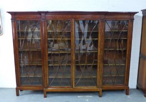 Tall mahogany breakfront library bookcase cabinet, stepped cornice over four astragal glazed doors