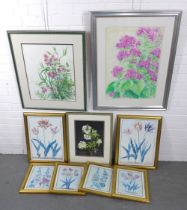 Nine various botanical studies to include three watercolours and six prints, (9)