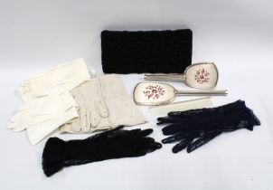 Vintage evening bag, gloves and chrome dressing table brush set (a lot)