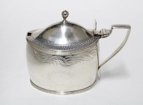 George III silver mustard pot, John Emes, London 1801, with hinged cover and a fern engraved border,