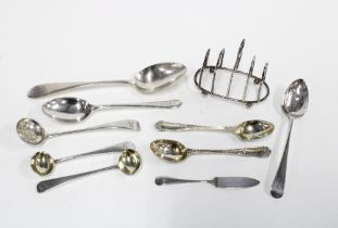 Small Birmingham silver toastrack, a silver napkin ring and silver teaspoons with mixed hallmarks (a