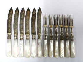 A set of six mother of pearl handled silver plated fruit knives and forks (12)