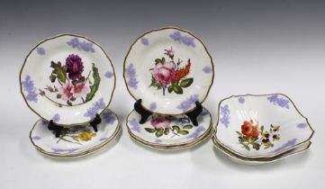 19th century English handpainted botanical dessert set with lilac fruit and vine border,