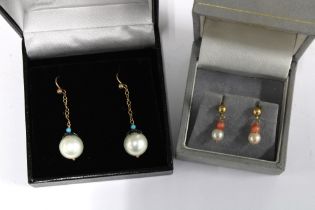 A pair of pearl drop earrings and a pair of pearl and coral drop earrings (2)