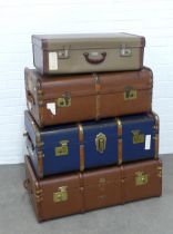 Three vintage travel trunks and a suitcase, 90 x 31 x 50cm. (4)