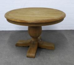 Restoration Hardware oak centre table, circular top on a pedestal base, 122 xx 79 x 122cm.
