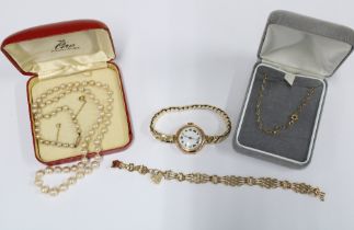 9ct gold bracelet and another, 9ct gold cased vintage wristwatch and a strand of Ciro faux pearls