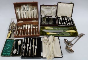 Box containing EPNS and silver plated flatware to include lobster picks and soup ladles, etc