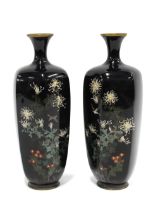 A pair of early 20th century cloisonné enamel vases, hexagonal form with circular footrim, sparrow