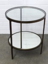 Metal and glass two-tier circular side table, with mirrored bottom shelf, 51 x 59cm