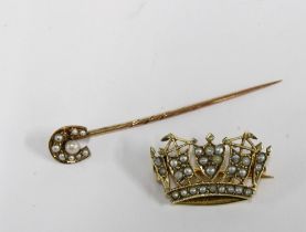 9ct gold seed pearl coronet brooch and a seed pearl tiepin set in unmarked yellow metal (2)