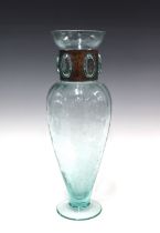 Contemporary craquel glass vase with faux bronze collar and glass roundels, 16 x 46cm.