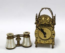 Smiths brass lantern clock and a mother of pearl and brass opera glasses (2)