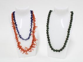 Vintage coral strand necklace, spinach green jade bead necklace and a lapiz lazuli strand