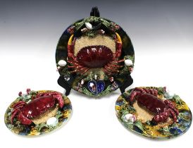 Set of three modern Palissy style crab plates, likely Portuguese, (3) 33cm.