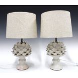 A pair of artichoke white glazed pottery table lamps with shades, (2) (one petal a/f) 16 x 32cm.