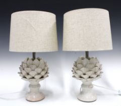 A pair of artichoke white glazed pottery table lamps with shades, (2) (one petal a/f) 16 x 32cm.