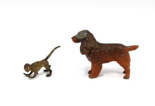 Cold painted bronze monkey 5cm long, and a cold painted spelter spaniel, 8cm long (2)