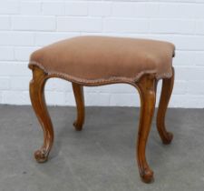 Mahogany stool with carved cabriole legs and pink upholstered seat, 46 x 42 x 42cm