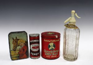 Vintage tins and an etched glass syphon (4)