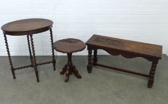 Collection of dark oak furniture to include a barley twist occasional table, a peacock carved