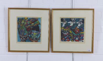 Yunnan School, two Chinese mid century mixed media, signed with pencil and framed under glass, 23