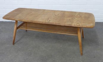 Ercol vintage light elm and beech Windsor coffee table with spindle undertier, 105 x 36 x 44cm