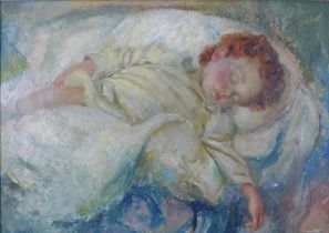 JOHN STREVENS (1902-1990) untitled oil on board of a sleeping child, signed , in a moulded gilt