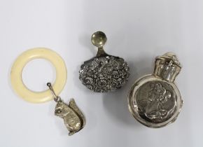 Silver squirrel rattle with faux ivory teething ring, Chester 1955, silver caddy spoon and an