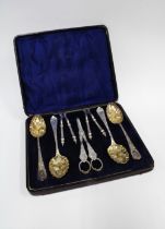 Victorian Epns fruit and nut set with four berry spoons, grape scissors and two nut cracks, in