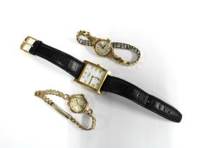 Two ladies vintage 9ct gold cased wristwatches and a Gents gold plated rotary