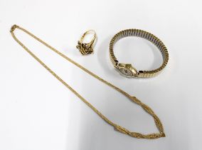 18ct gold dress ring, 9ct gold necklace and a 9ct gold cased wristwatch (3)