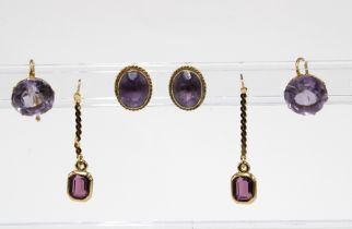 A pair of amethyst earrings and two other pairs (3)