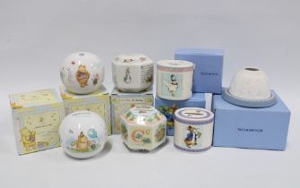 Wedgwood Jemima Puddle Duck and three Peter Rabbit money boxes, Wedgwood Jasper bisque night