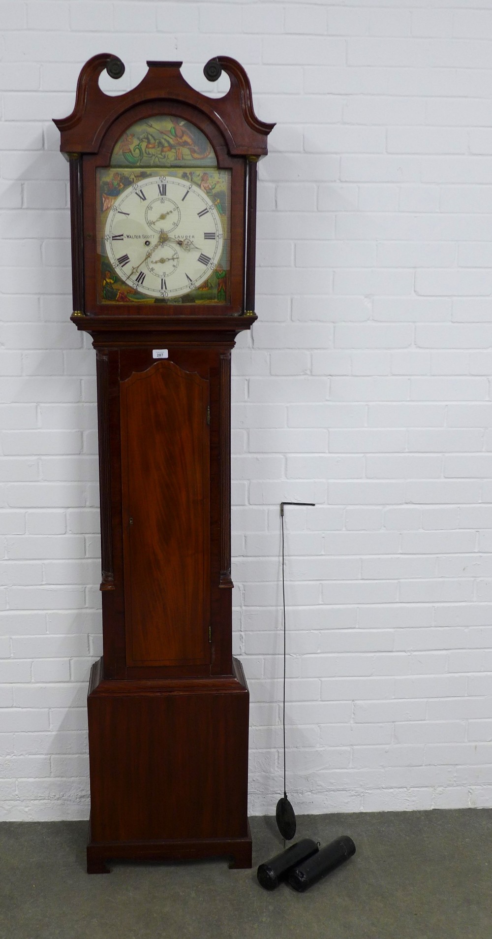 Walter Scott, Lauder painted dial longcase clock in mahogany case with broken swan neck, 54 x 215 - Image 3 of 3