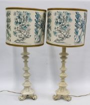 Pair of knop stemmed table lamps with blue and white botanical shades, 32 x 75cm. (2)
