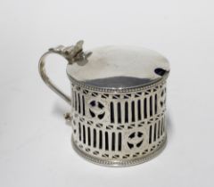 George III silver mustard pot, pierced design with blue glass liner, London 1782, 6cm