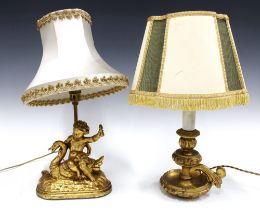 Giltwood cherub table lamp and another of chamberstick form, both with vintage shades (2) 19 x 19cm.