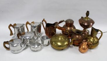 Box containing a Piquot Ware tea and coffee set , copper jugs, lamp, brass wares, etc .