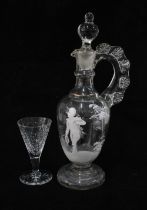 A Mary Gregory glass decanter and stopper and set of six Webb wrythen glasses (7) 29cm high.