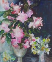 UNA STRACHAN, RHODODENDRONS, watercolour & gouache, framed under glass and labelled verso, 36 x 42cm